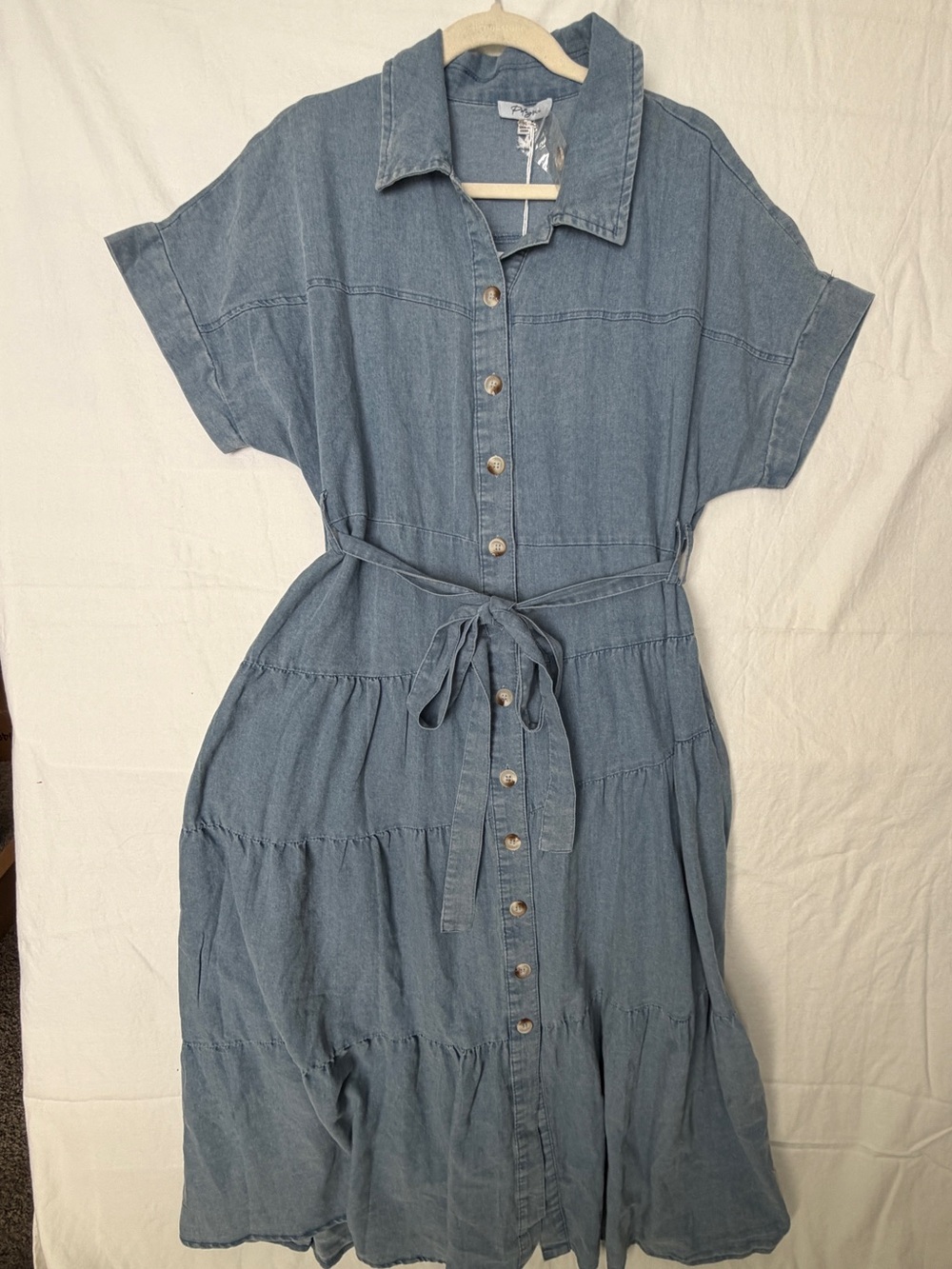 Polagram Denim-Blue Button-Front Tiered Midi Dress with Waist Tie